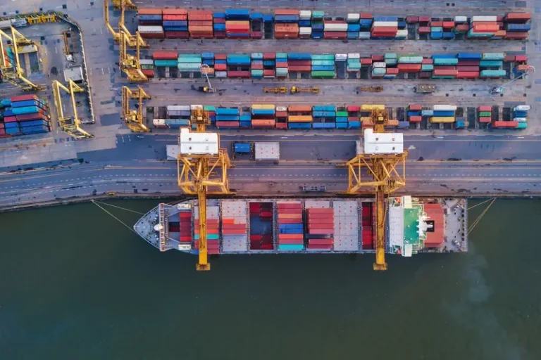Cargo ship at a container port